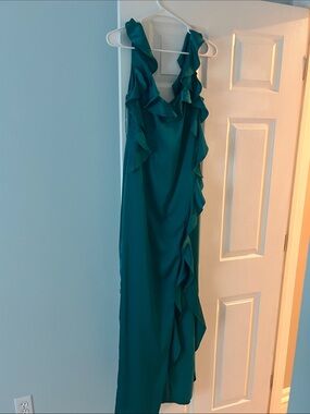 Adrianna Papell Teal Ruffle-Trim Maxi Dress